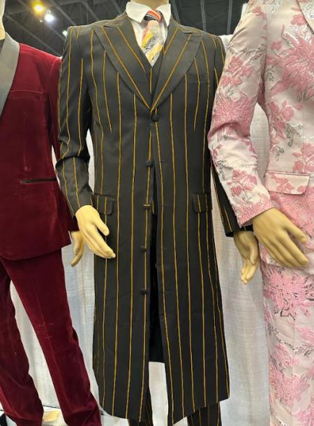 Pinstripe Zoot Suit For Men - Gangster  Wedding Suit in Black and Gold Pinstripe