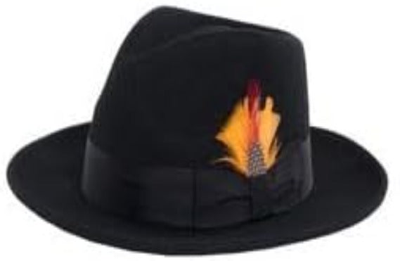 Gangster 100% Austrailian Wool Crushable Mens Fedora Hat - Removable Feather Gangster Black and Grey Mens Fedora Hat - Small