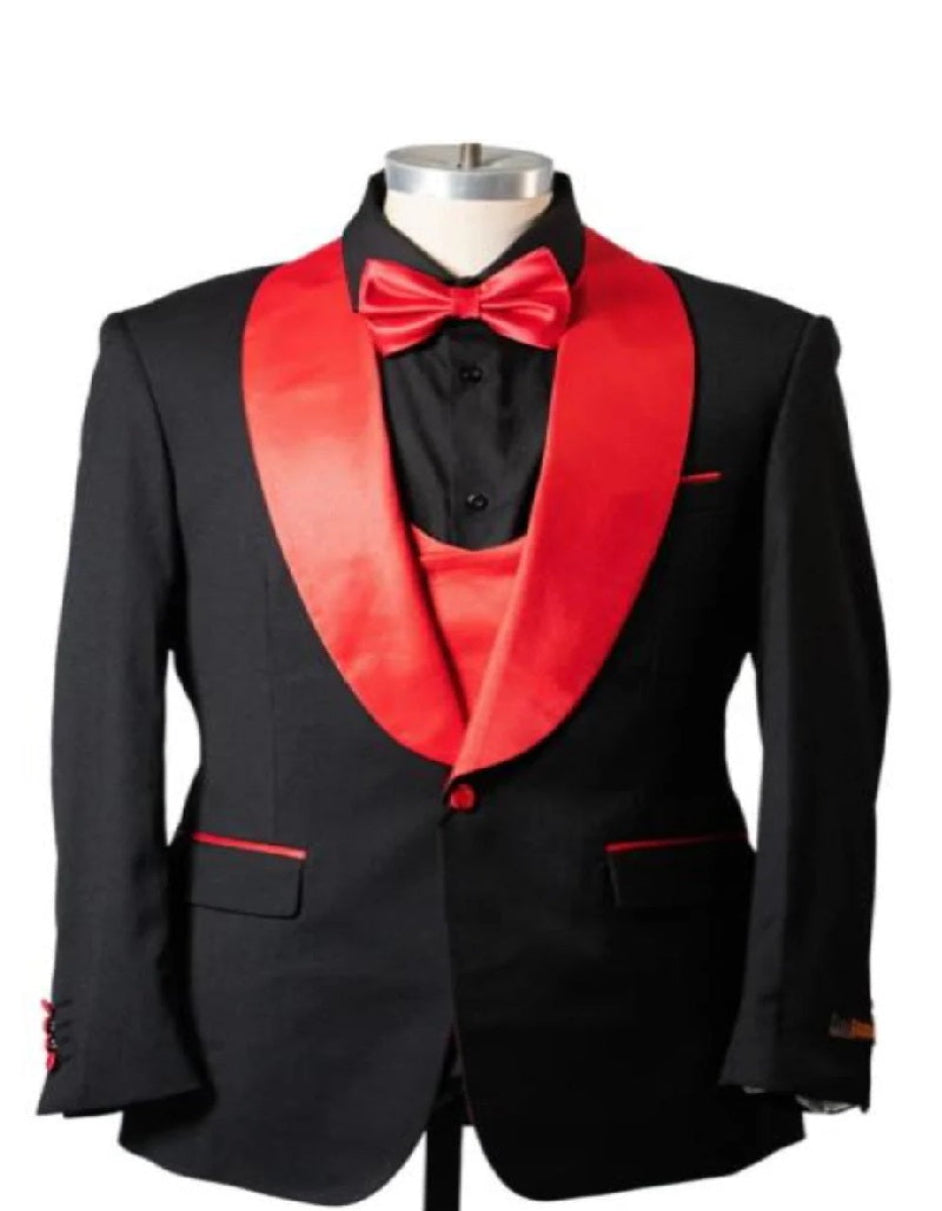 1 Button Shawl Lapel Tuxedo With Vest Black And Red - 38 Short Jacket+32 Waist Adjustable 28to34)(Height: 5 4 to5 7 )(Neck 15-16.5)S-M)