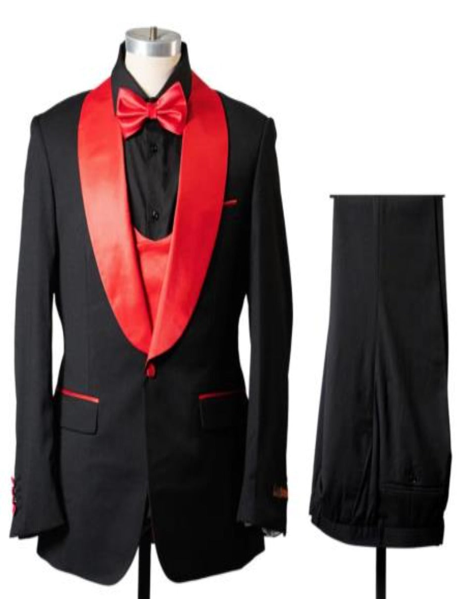 1 Button Shawl Lapel Tuxedo With Vest Black And Red - 38 Short Jacket+32 Waist Adjustable 28to34)(Height: 5 4 to5 7 )(Neck 15-16.5)S-M)