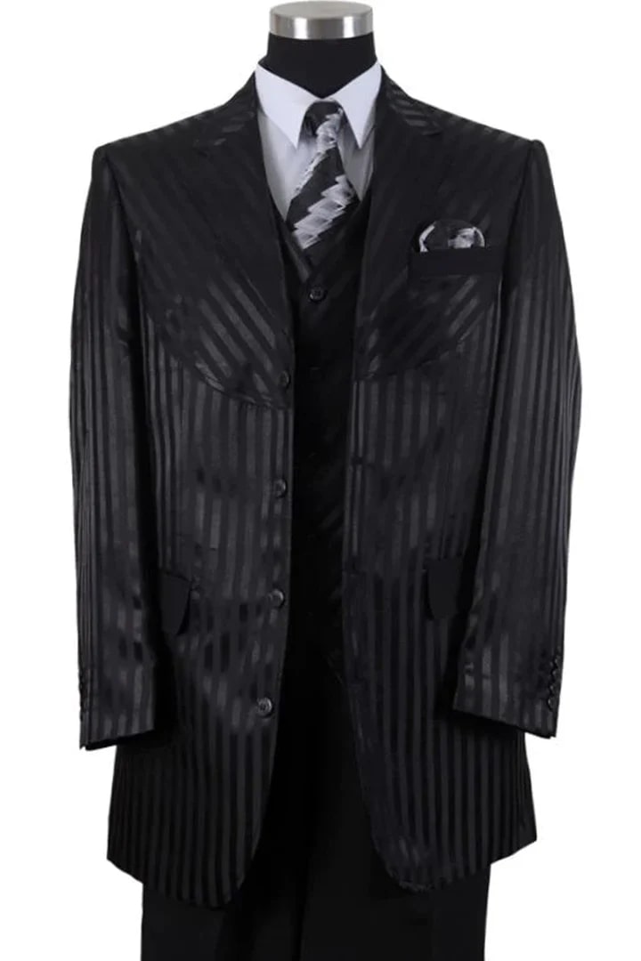 Cheap Priced Suit- Mens 4 Button Semi Wide Leg Shiny Tonal Stripe Fashion Black Suit - 38 Short Jacket+32 Waist Adjustable 28to34)(Height: 5 4 to5 7 )(Neck 15-16.5)S-M)