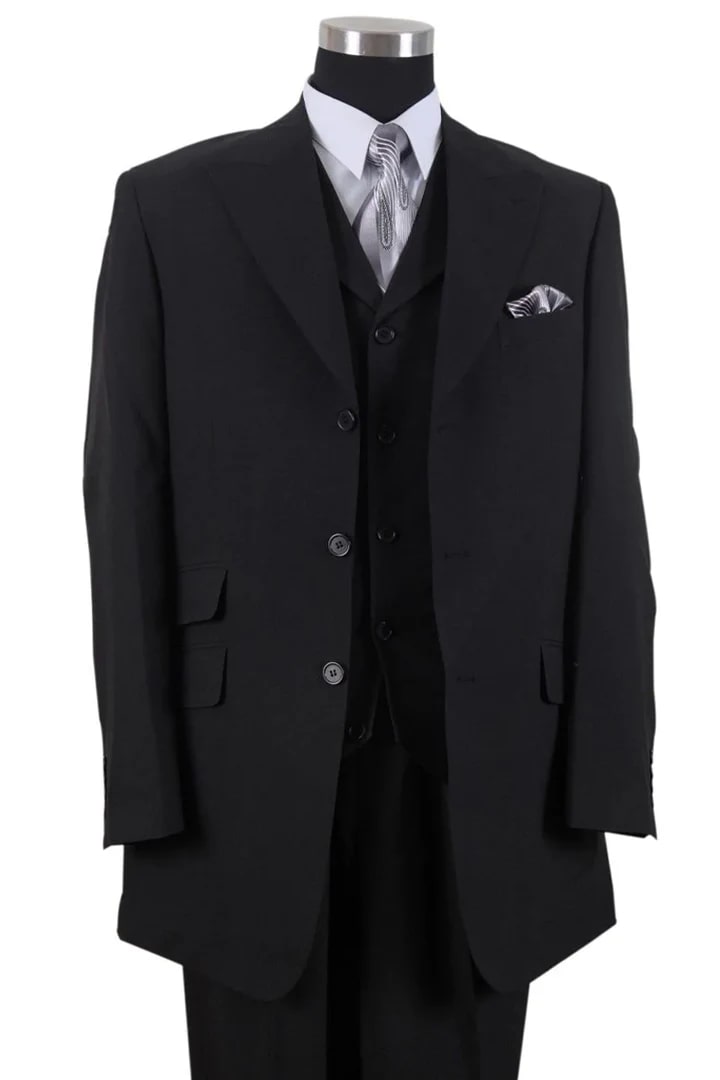 Cheap Suit - Mens 3 Button Vested Wide Peak Lapel Fashion Black Suit - 38 Short Jacket+32 Waist Adjustable 28to34)(Height: 5 4 to5 7 )(Neck 15-16.5)S-M)