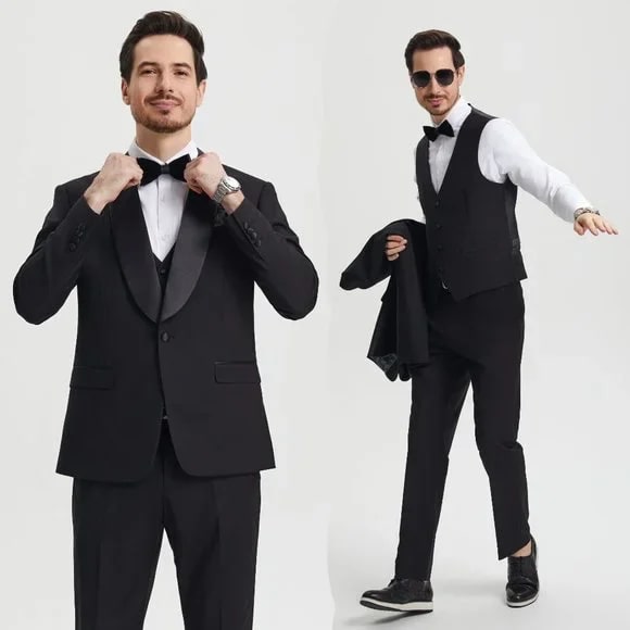 Stacy Adams 3pc Tuxedo Shawl Lapel, Black - 38 Short Jacket+32 Waist Adjustable 28to34)(Height: 5 4 to5 7 )(Neck 15-16.5)S-M)