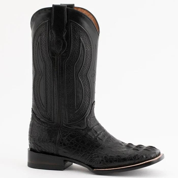 Ferinni Boot - Mens Dress Cowboy Boot - Ferrini Men's Dakota Hornback Caiman Western Boots - Square Toe Handcrafted Black in Black - 8D