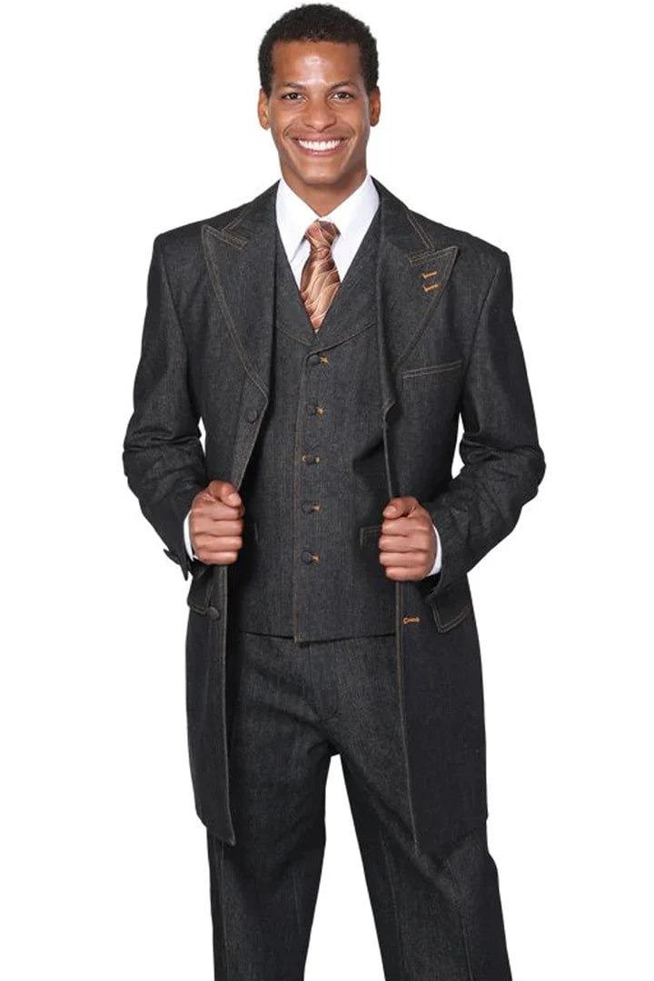 Cheap priced Suit- Mens Long Vested Denim Jeans Fashion Zoot Black Suit - 38 Short Jacket+32 Waist Adjustable 28to34)(Height: 5 4 to5 7 )(Neck 15-16.5)S-M)