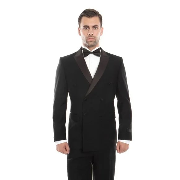 Double Breasted Black Mens Tuxedo by Bryan Michaels - 38 Short Jacket+32 Waist Adjustable 28to34)(Height: 5 4 to5 7 )(Neck 15-16.5)S-M)