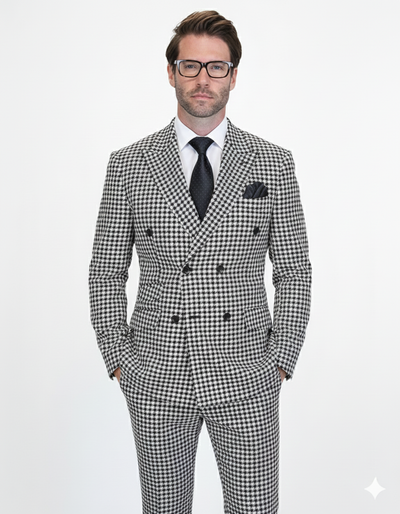 Double Breasted Suits - Vested Suits Wool Fabric - Black Houndstooth Suit