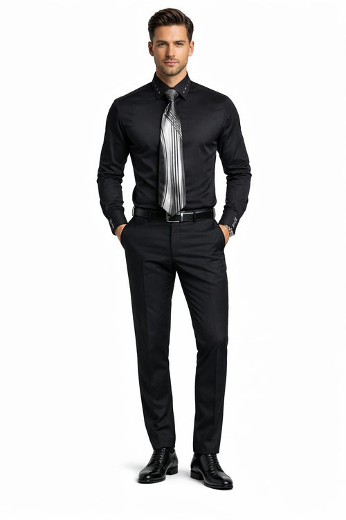 French Cuff + Tie + Handkerchief Men's Dress Shirt With Tie