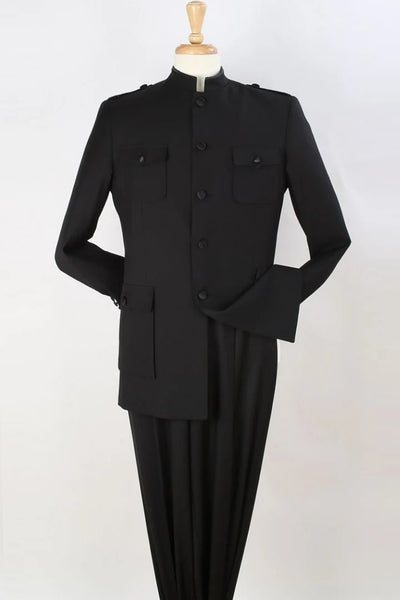 Cheap Priced Suit - Mens Five Button Military Insired Mandarin Banded Safari Black Suit