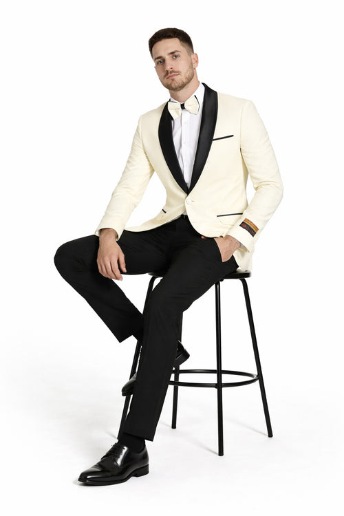 "Mens Modern Fit Ivory Prom 2026 Tuxedo Suit Dinner Jacket with Black Shawl Lapel"