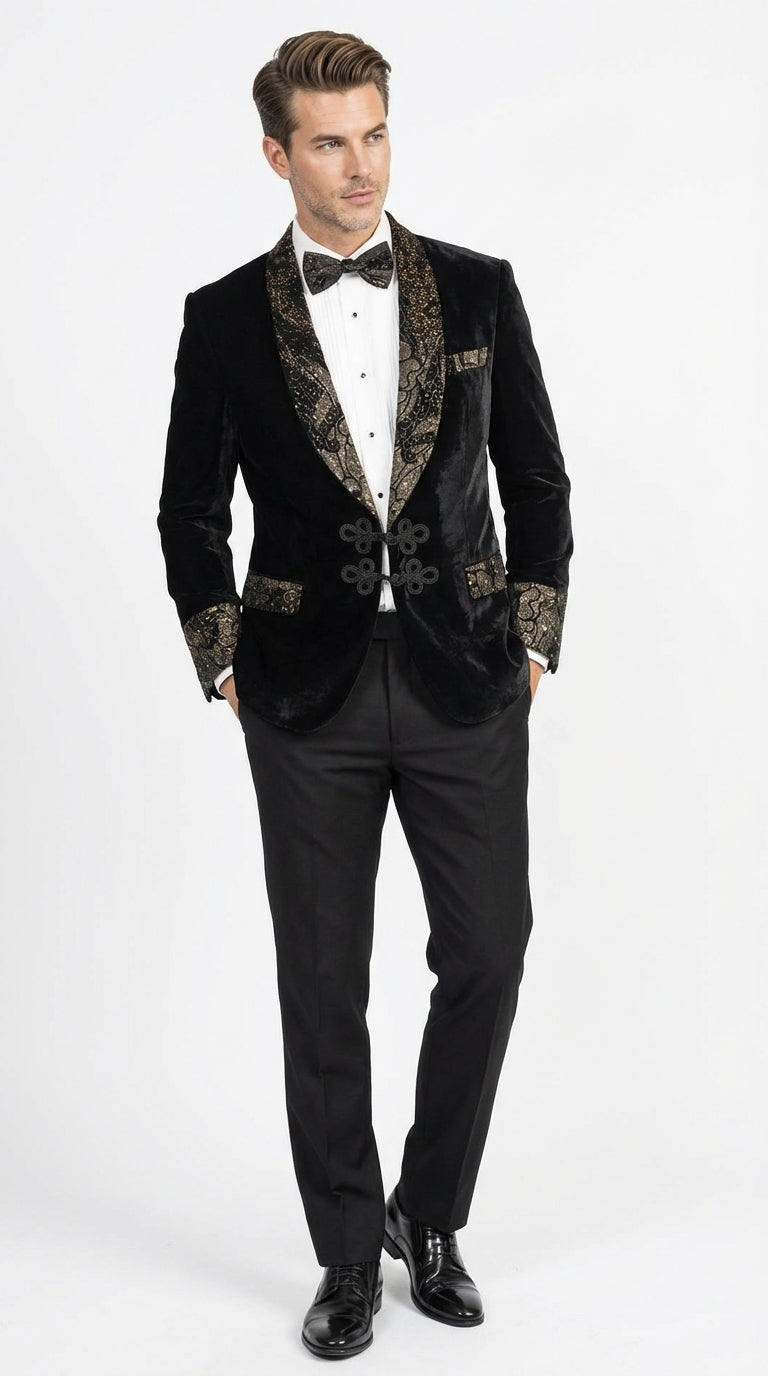 Men’s Smoking Jacket Black and Gold Embroidered Tuxedo Blazer – Luxury Velvet Formal Dinner Jacket with Paisley Lapel