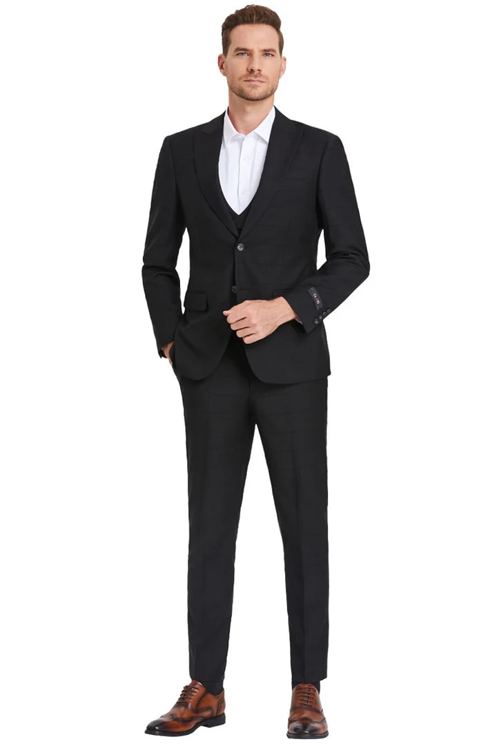 Cheap priced Suit - Men's Two Button Vested Peak Lapel Sharkskin Black Suit  Windowpane Plaid - 38 Short Jacket+32 Waist Adjustable 28to34)(Height: 5 4 to5 7 )(Neck  15-16.5)S-M)
