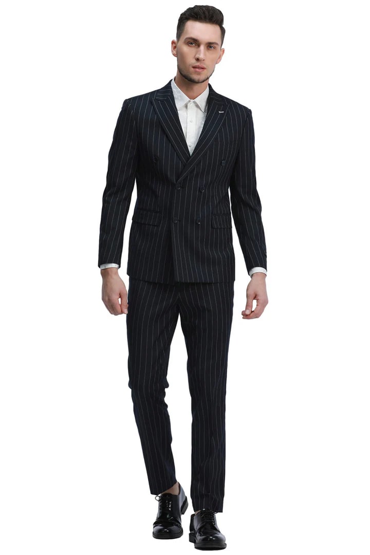 Cheap priced Suit - Men's Slim Fit Double Breasted Bold Gangster Pinstripe Black Suit - 38 Short Jacket+32 Waist Adjustable 28to34)(Height: 5 4 to5 7 )(Neck 15-16.5)S-M)