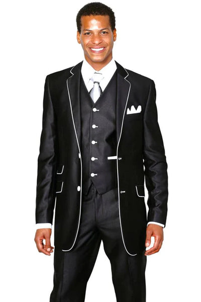 Cheap Priced Suit - Mens Vested Slim Fit Shiny Sharkskin Tuxedo Suit In Black With White Piping