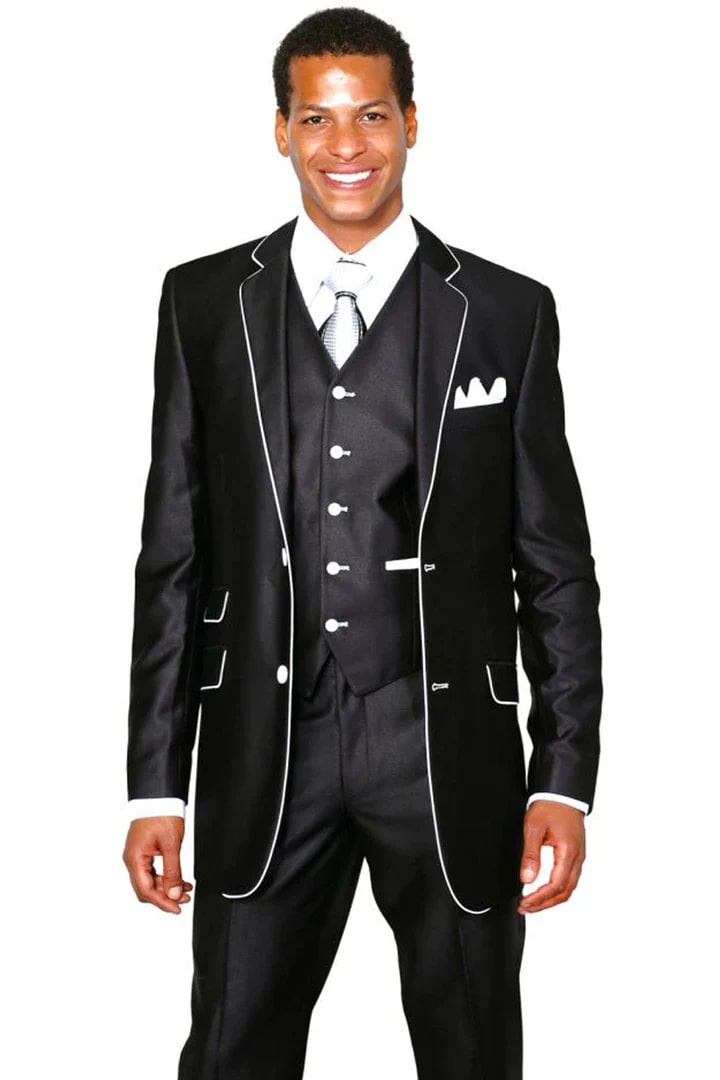 Cheap Suit - Mens Vested Slim Fit Shiny Sharkskin Tuxedo Suit In Black With White Piping - 38 Short Jacket+32 Waist Adjustable 28to34)(Height: 5 4 to5 7 )(Neck 15-16.5)S-M)