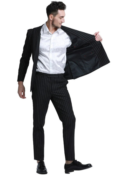 Cheap priced Suit - Men's Slim Fit Double Breasted Bold Gangster Pinstripe Black Suit