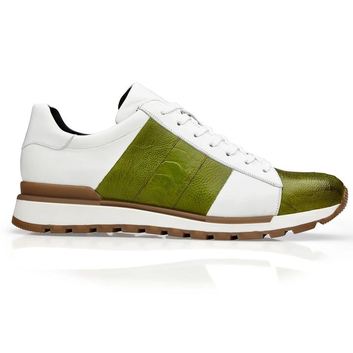 Men's Belvedere Blake Calf & Ostrich Leg Dress Sneaker in Lime Green & White - 9-M