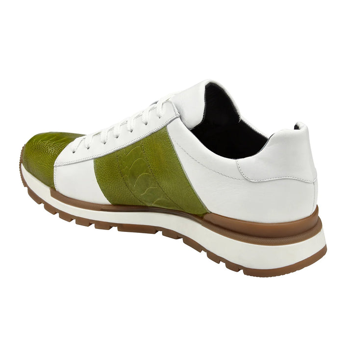 Men's Belvedere Blake Calf & Ostrich Leg Dress Sneaker in Lime Green & White - 9-M