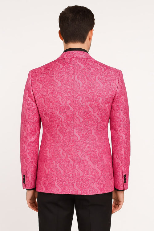 Mens Hot Pink Paisley Tuxedo Blazer with Black Shawl Lapel Fuchsia Color Dinner Jacket Perfect for Prom