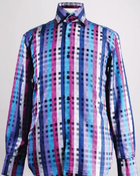 Fancy Polyester Fashion Shirt With Button Cuff Blue Men's Dress Shirt Night Club Outfit Guys Wear For Men Clothing Fashion - M Or Medium
