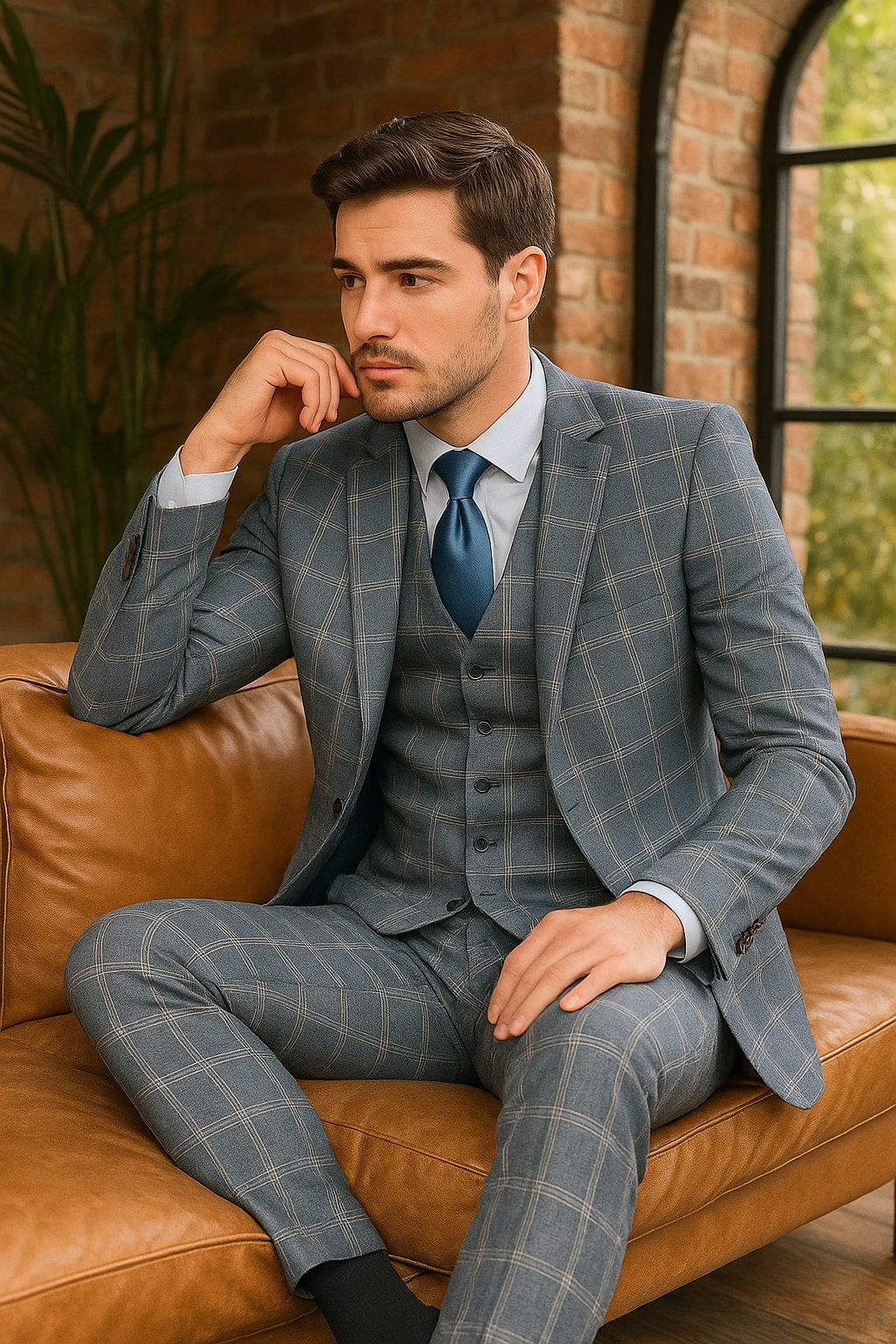 Mens Blue Windowpane Checkered Slim Fit Suit – 3 Piece Stretch Business Suit - 34 Short or Extra Small