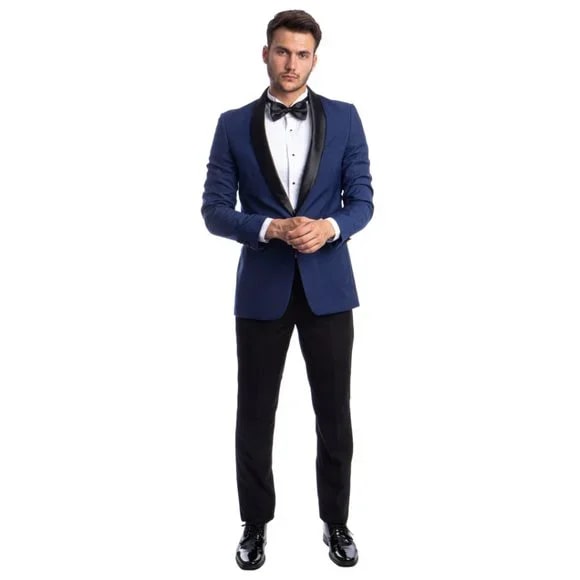 Mens Blue Tuxedo 2-PC Slim Fit, By Azzuro - 38 Short Jacket+32 Waist Adjustable 28to34)(Height: 5 4 to5 7 )(Neck 15-16.5)S-M)
