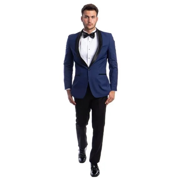 Mens Blue Tuxedo 2-PC Slim Fit, By Azzuro - 38 Short Jacket+32 Waist Adjustable 28to34)(Height: 5 4 to5 7 )(Neck 15-16.5)S-M)