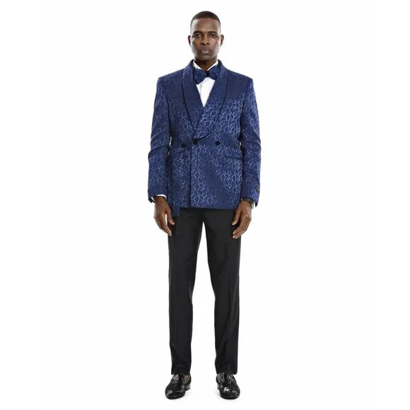Knot Side Textured Paisley 2pc Tuxedo, Blue - 38 Short Jacket+32 Waist Adjustable 28to34)(Height: 5 4 to5 7 )(Neck 15-16.5)S-M)