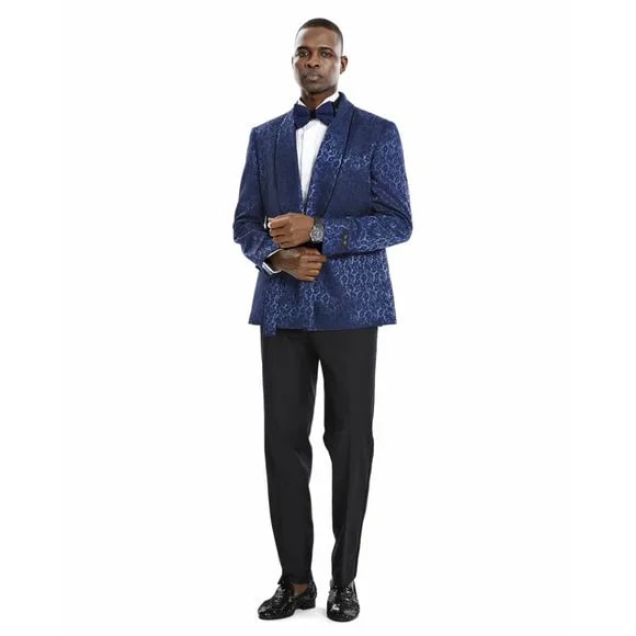 Knot Side Textured Paisley 2pc Tuxedo, Blue - 38 Short Jacket+32 Waist Adjustable 28to34)(Height: 5 4 to5 7 )(Neck 15-16.5)S-M)