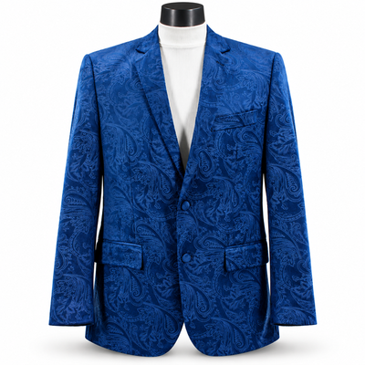 Men’s Velvet Paisley Blazer 2-Button Regular Fit with Notch Lapel - Blue