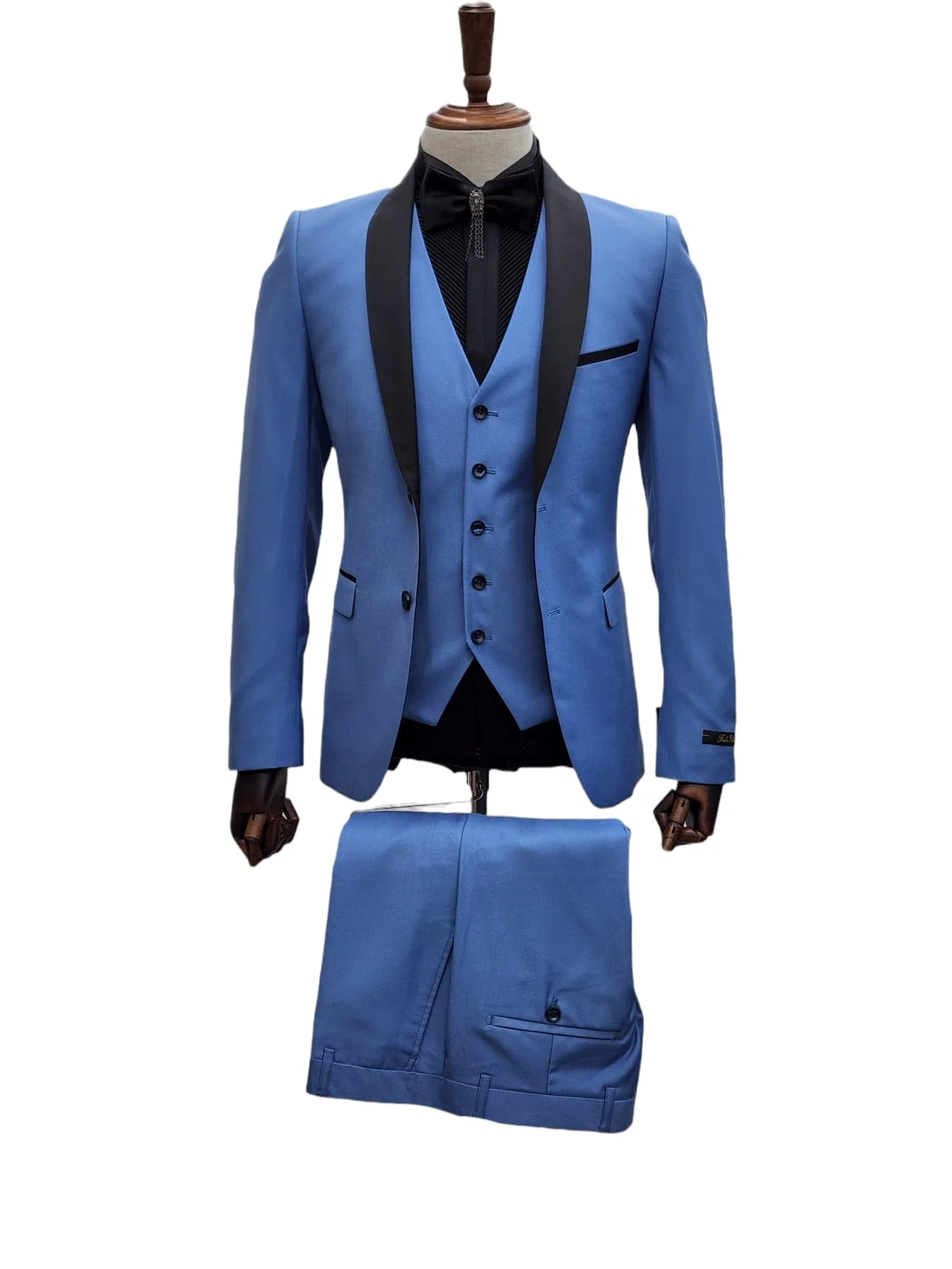 Men's Light Blue Tuxedo 3-Piece Suit with Black Shawl Lapel – Formal Wedding & Prom Attire in Steel Blue - 34 Short or Extra Small
