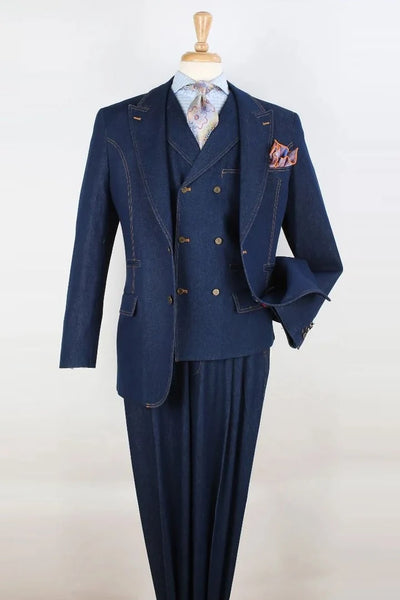 Cheap priced Suit - Mens Two Button Peak Lapel Double Breasted Vest Denim Blue Suit