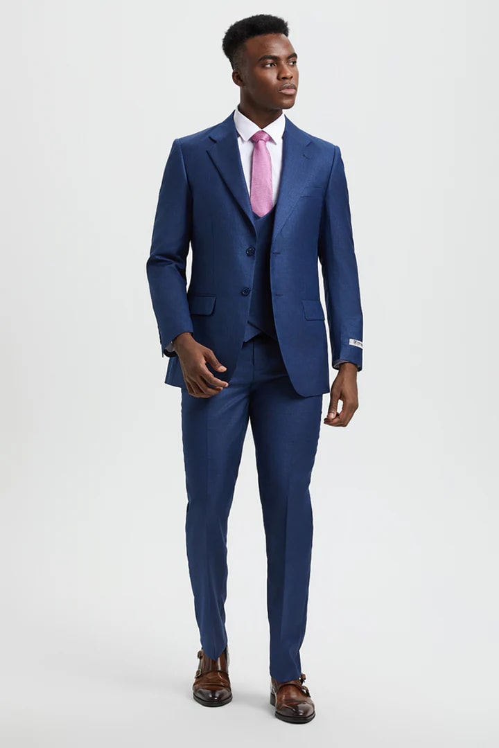 Cheap Priced Suit - Men's Two Button Vested Stacy Adams Designer Sharkskin Blue Suit - 38 Short Jacket+32 Waist Adjustable 28to34)(Height: 5 4 to5 7 )(Neck  15-16.5)S-M)