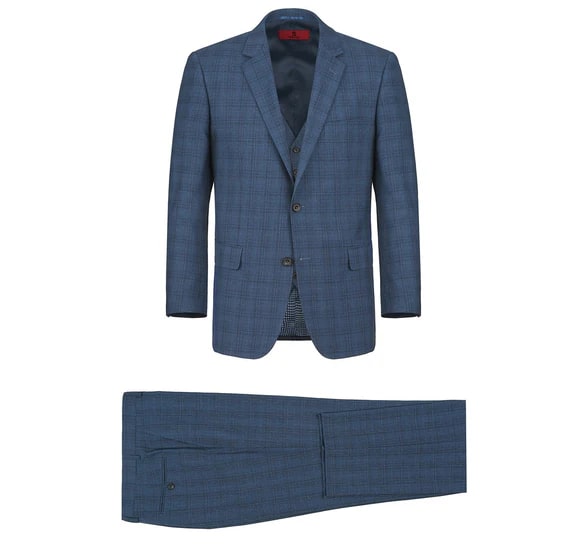Renoir Clothing - Renoir Suit - Renoir Fashion - Performance 3-piece Classic Fit  Blue Windowpane Check Renoir Suit - Coat Size 38