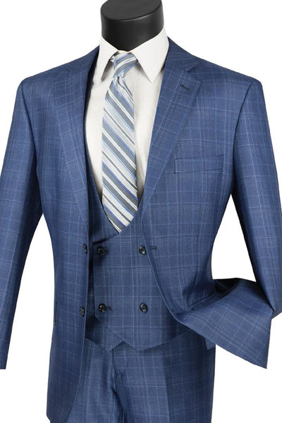 Cheap Priced Suit - Mens 2 Button Vested Peak Lapel Plaid Windowpane Blue Suit