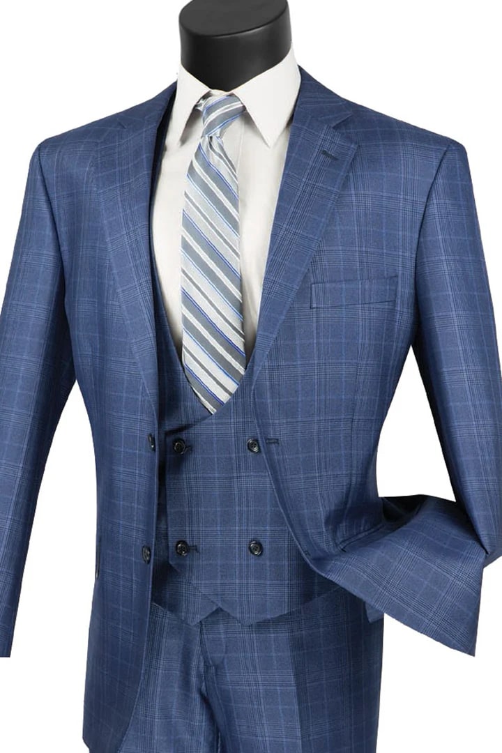 Cheap Priced Suit  - Mens 2 Button Vested Peak Lapel Plaid Windowpane Blue Suit - 38 Short Jacket+32 Waist Adjustable 28to34)(Height: 5 4 to5 7 )(Neck  15-16.5)S-M)