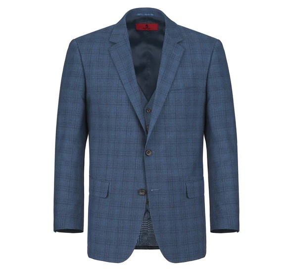 Renoir Clothing - Renoir Suit - Renoir Fashion - Performance 3-piece Classic Fit  Blue Windowpane Check Renoir Suit - Coat Size 38