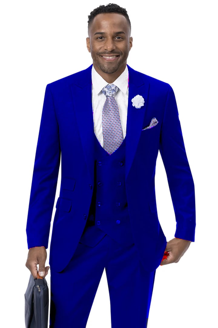 Cheap priced Suit - Mens Modern Two Button Vested Peak Lapel Blue Suit With Double Breasted Vest - 38 Short Jacket+32 Waist Adjustable 28to34)(Height: 5 4 to5 7 )(Neck  15-16.5)S-M)