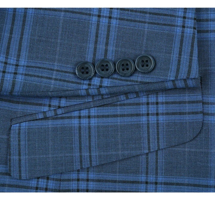 Cheap Priced Suit  - Mens Two Button Slim Fit Two Piece Suit In Blue Windowpane Plaid - 38 Short Jacket+32 Waist Adjustable 28to34)(Height: 5 4 to5 7 )(Neck  15-16.5)S-M)
