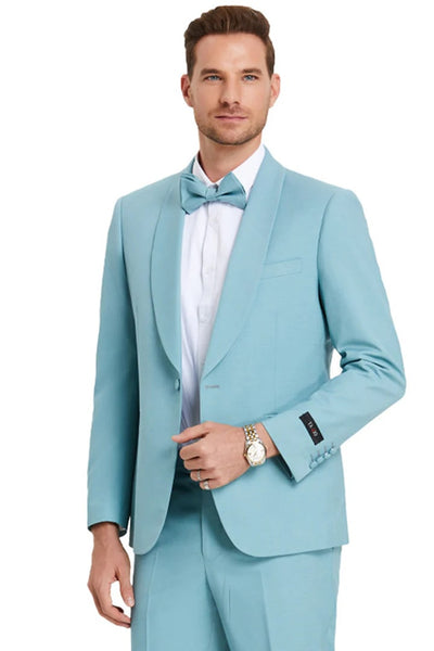 Cheap priced Suit - Men's One Button Shawl Lapel Dinner Jacket Style Wedding Aqua Blue Suit