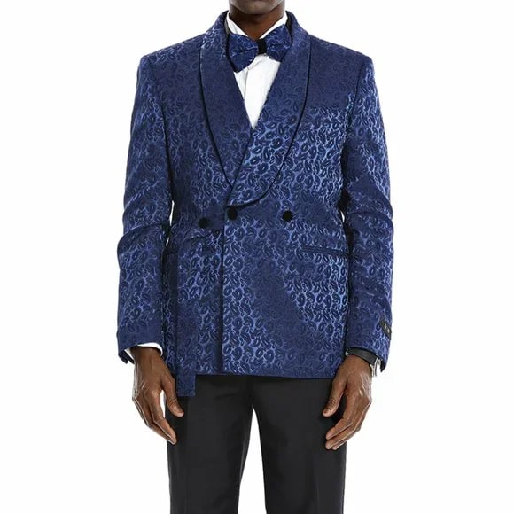 Knot Side Textured Paisley 2pc Tuxedo, Blue - 38 Short Jacket+32 Waist Adjustable 28to34)(Height: 5 4 to5 7 )(Neck 15-16.5)S-M)