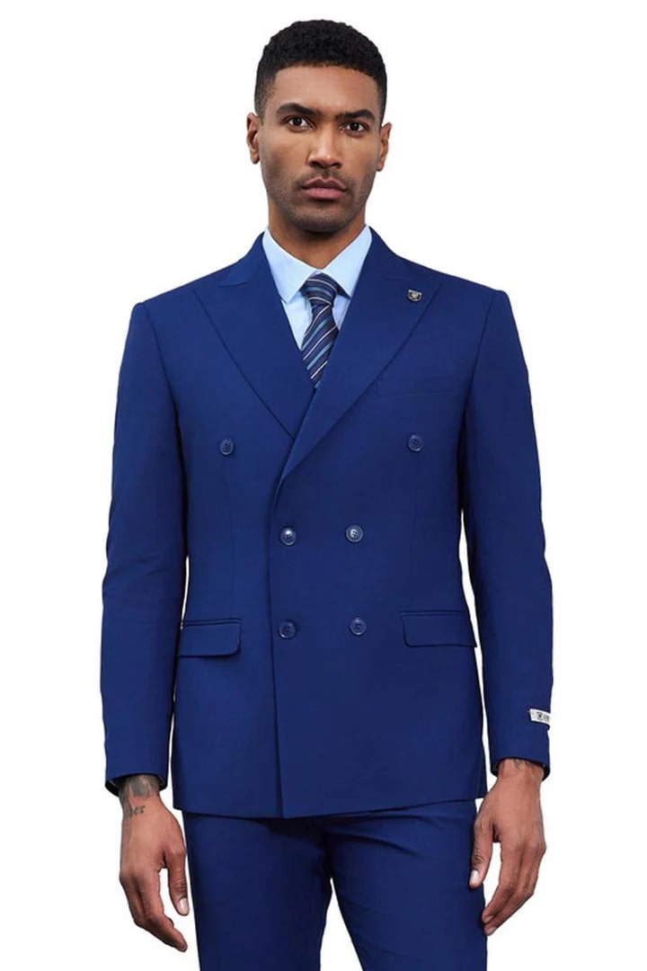 Cheap Priced Suit - Men's Designer Stacy Adams Classic Double Breasted Blue Suit - 38 Short Jacket+32 Waist Adjustable 28to34)(Height: 5 4 to5 7 )(Neck  15-16.5)S-M)