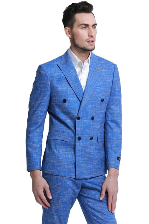 Cheap priced Suit - Men's Slim Fit Double Breasted Summer Sharkskin Blue Suit