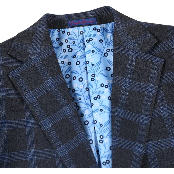 Designer Brand - Stretch performance Single Breasted Slim Fit Charcoal and Blue Plaid Suit - Coat Size 38
