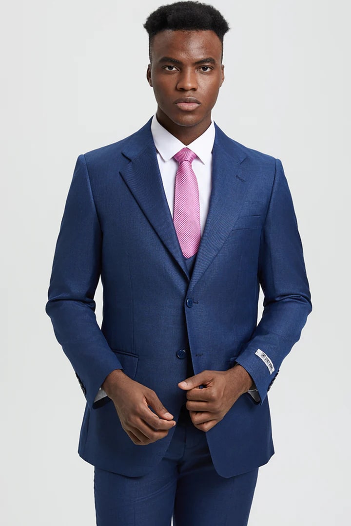 Cheap Priced Suit - Men's Two Button Vested Stacy Adams Designer Sharkskin Blue Suit - 38 Short Jacket+32 Waist Adjustable 28to34)(Height: 5 4 to5 7 )(Neck  15-16.5)S-M)