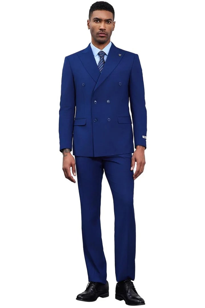 Cheap Priced Suit - Men's Designer Stacy Adams Classic Double Breasted Blue Suit - 38 Short Jacket+32 Waist Adjustable 28to34)(Height: 5 4 to5 7 )(Neck  15-16.5)S-M)