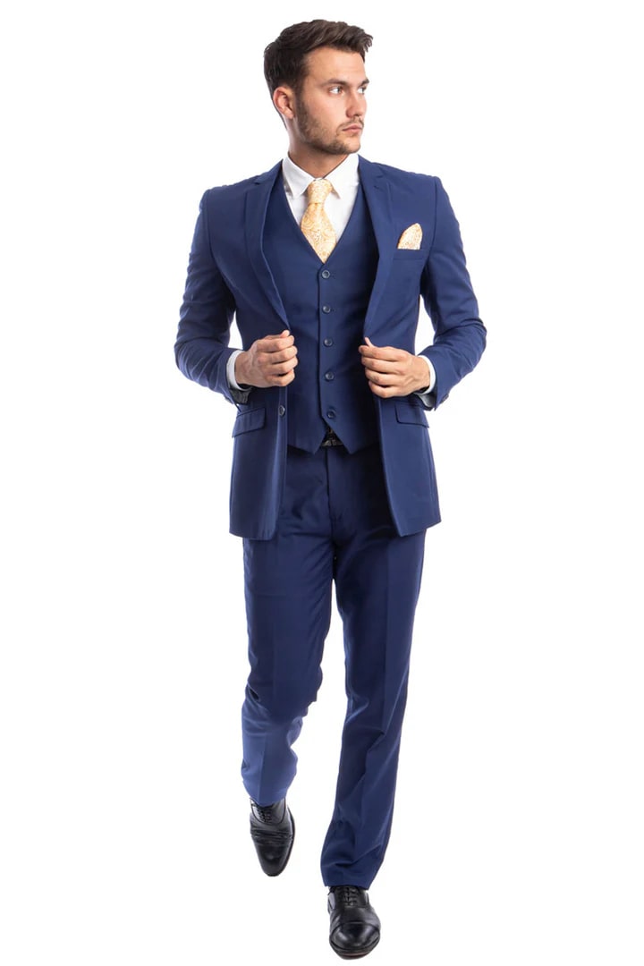 Cheap Priced Suit - Men's Two Button Basic Hybrid Fit Vested Blue Suit - 38 Short Jacket+32 Waist Adjustable 28to34)(Height: 5 4 to5 7 )(Neck  15-16.5)S-M)