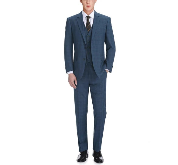 Renoir Clothing - Renoir Suit - Renoir Fashion - Performance 3-piece Classic Fit  Blue Windowpane Check Renoir Suit - Coat Size 38