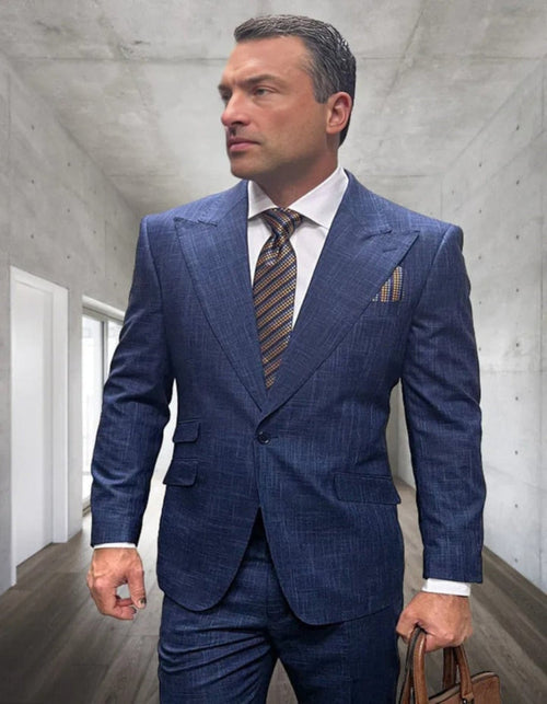 Men's Designer One Button Peak Lapel Indigo Blue Plaid Wool Suit