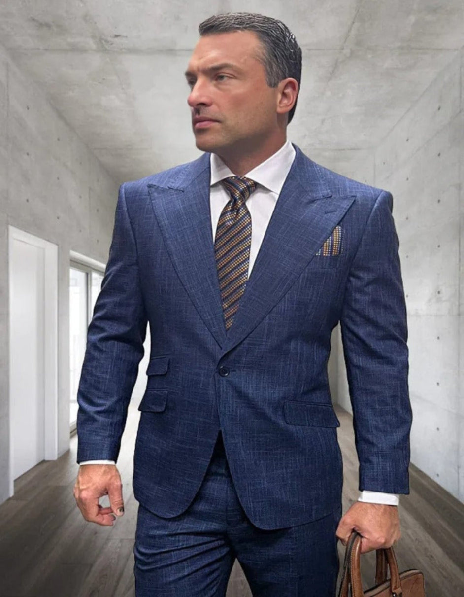 Men's Designer One Button Peak Lapel Indigo Blue Plaid Wool Suit